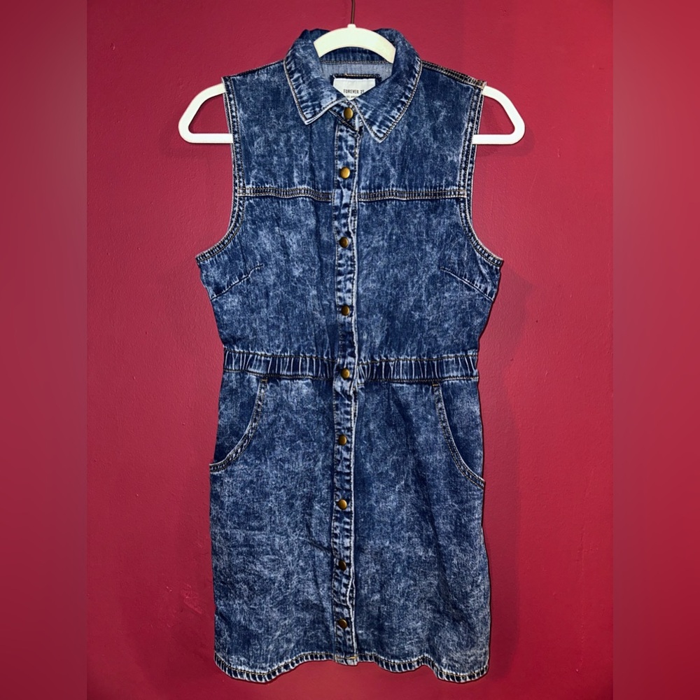 Forever 21 blue acid wash denim mini dress with belt #minidress